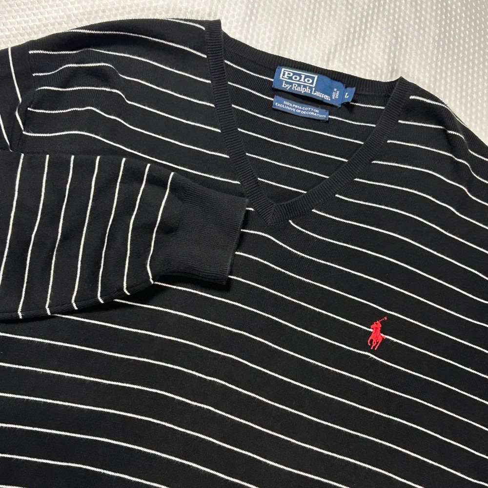 Polo Ralph Lauren Mens Large Black White Striped Pima Cotton V-Neck Sweater Pony